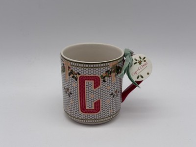 Anthropologie Cup Of Cheer Festive Bistro Tile  C   Monogram Coffee Mug Red NEW