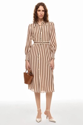 LK Bennett Emelia Button Shirt Dress Brown Ivory Striped Long Sleeve Size 2