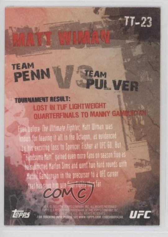 2010 Topps UFC Main Event The Ultimate Fighter Matt Wiman #TT-23 - Image 2 of 2