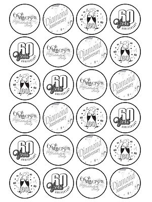 24 x Essbare Personalisierte 60. Jahrestag Glasur Reispapier Kuchen Cupcake Topper