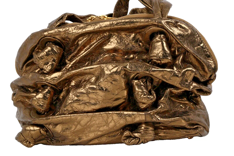 Michael Kors Collection Double Top Handle Bag Gold Metallic Leather Ruched - Image 3 of 4