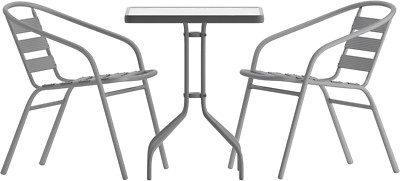 Lila 23.5'' Square Glass Table & 2 Silver Metal Slat Stack Chairs