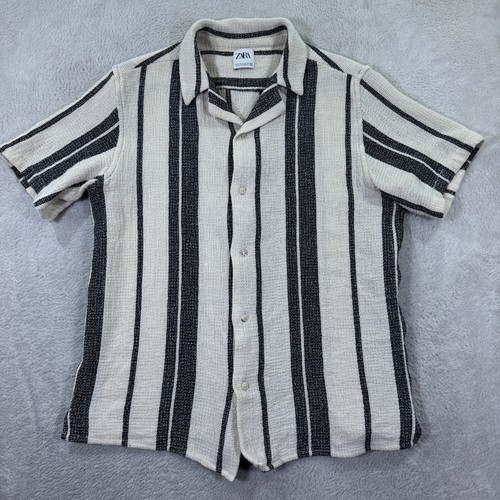 Zara Camp Shirt Mens L White Black Striped Knit Short Sleeve Collar Button Up - Picture 2 of 5