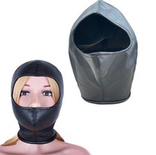Black Binding PU Leather Restraint Mask Hood Head Harness Open Eyes Face
