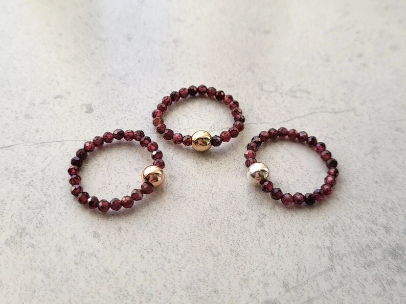 A++ Dainty Red Garnet Faceted Round Gemstone Beads Stretchable Rings For Girls - Image 4 of 4