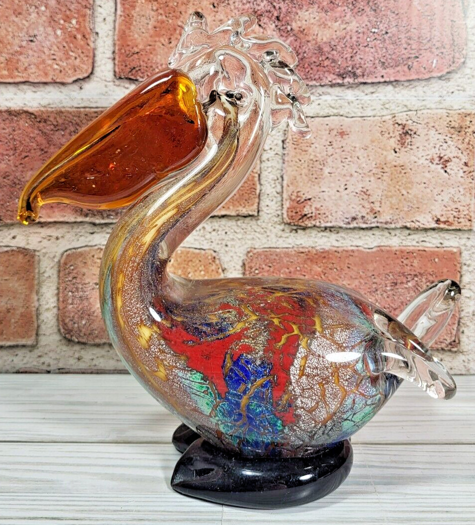 Vintage Murano Style Art Glass Pelican Figurine paper weight Blues and Copper 7