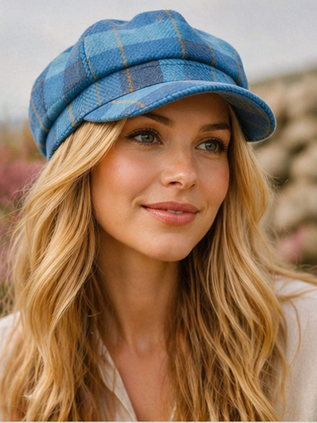 Craggi Tweed Baker Boy / Newsboy Cap Strathy Blue Plaid Flat Cap ladies / Womens