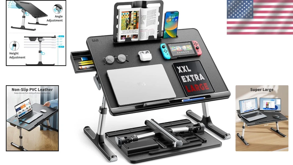 Versatile Foldable Laptop Desk with Storage Drawer & Adjustable Angles - Black - Image 2 of 4