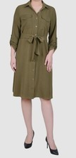 NY Collection Women's Green Long Roll Tab Sleeve Shirtdress Petite Size PS