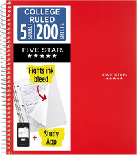 Spiral Notebook  Study App, 5 Subject, College Ruled Paper, 8-1/2" X 11", 200 S