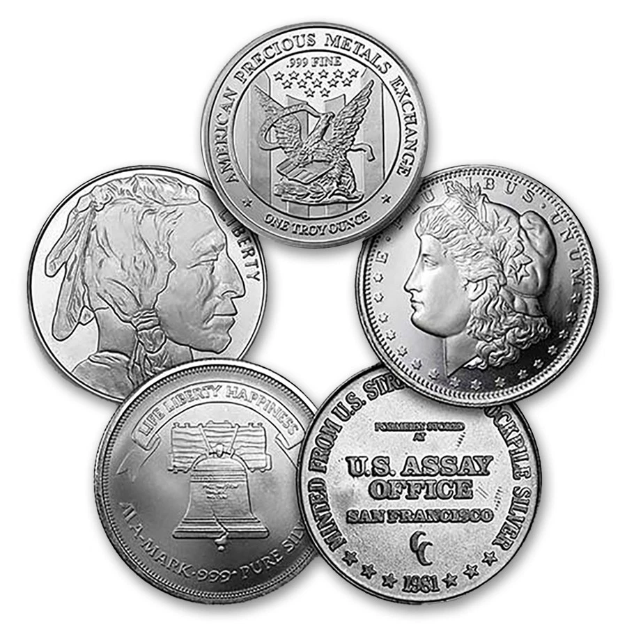 Ronda de plata fina .999 de 1 oz - Diseño aleatorio - Lote de 5