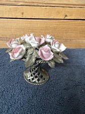 VTG. Capodimonte Italian Porcelain Pink Roses Metal Basket Centerpiece