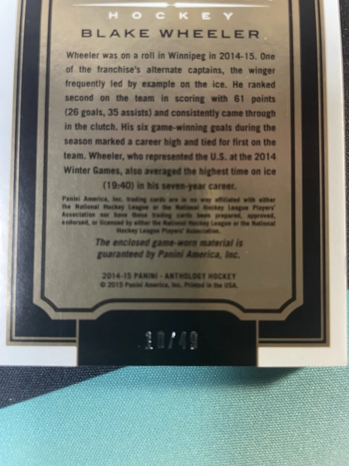 2015 Anthology Hockey Full Coverage Blake Wheeler /49 - Image 3 of 4