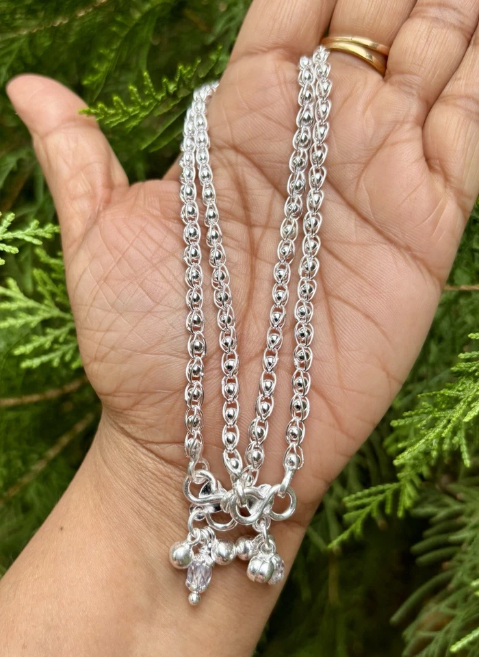 2 Pc 999 Silver Light Weight Hollow Flexible Anklet Payal, 16 gm, 10.5 inch - Image 2 of 4