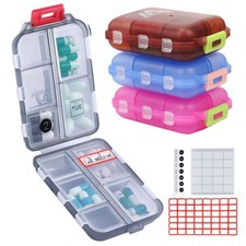 4PS Travel Pill Organizer with 164 Slice Labels 10 Compartments Travel Pill B...