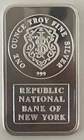 Vintage Republic Bank of New York Johnson Matthey 1 T-oz 999 Fine Silver Bar