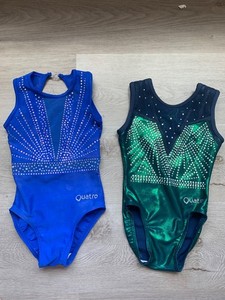 Quatro Leotard lot CS child small green blue rhinestone sparkly!