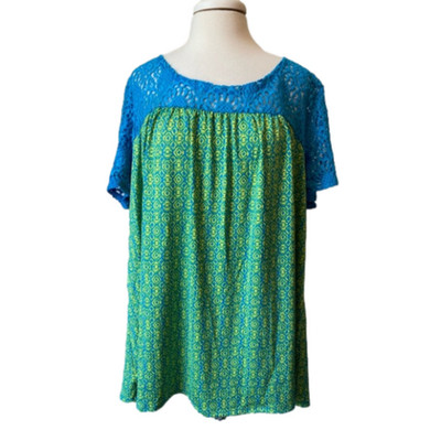 Womens Plus Size 2X Coastal Crochet Abstract Print Soft Blouse Tropical Beach