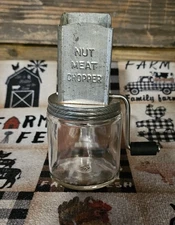 ATLAS Vintage Nut Meat Chopper Glass Jar, Metal Cover w/Chamber & Crank Handle