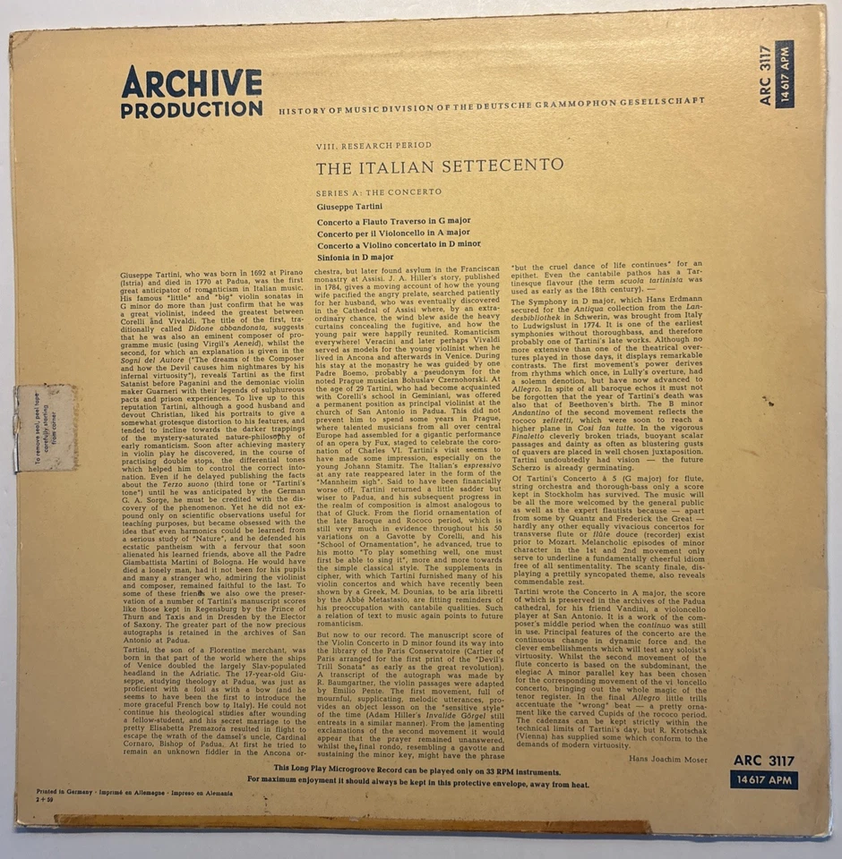 ITALIAN SETTECENTO - SERIES A: THE CONCERTO - GIUSEPPE TARTINI - LP ARC 3117 - Image 2 of 4