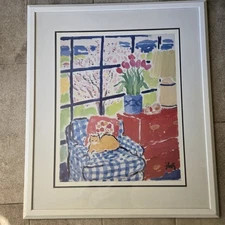 John Botz Spring Window Cat on Chair Art Print Framed 35x31" Matisse Style