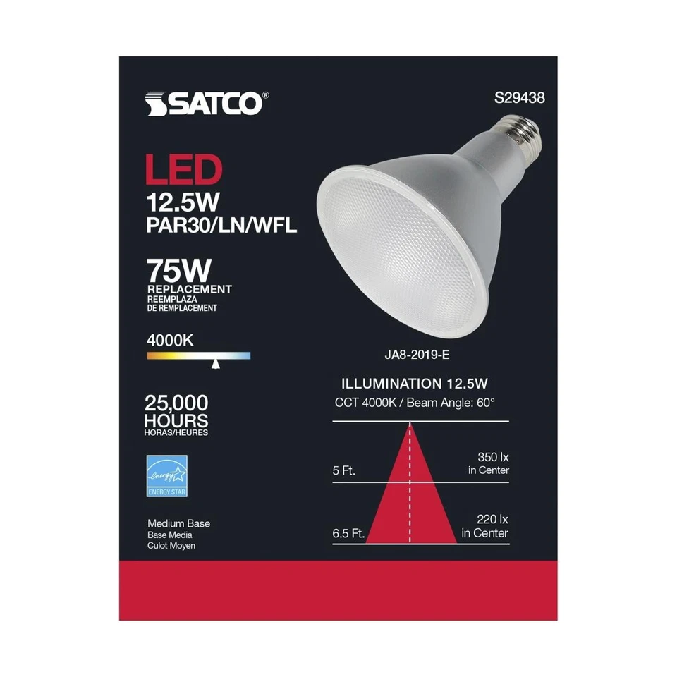 SATCO S29438 - 12.5 Watt PAR30LN LED Bulbs - 4000K - 60 deg. Beam Angle (6 Pack) - Image 2 of 4