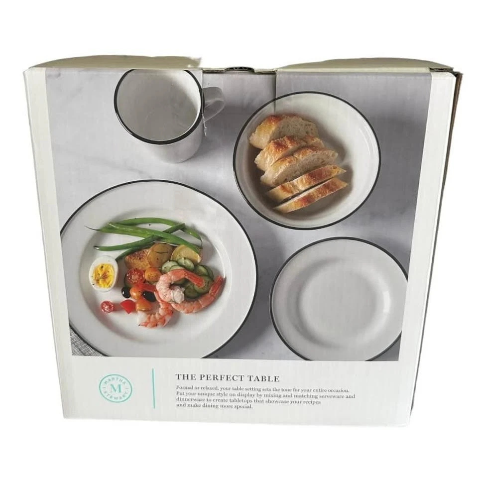 Juego de vajilla y tazas de porcelana Martha Stewart 16 piezas blanco con borde negro nuevo en caja Foto 3 de 4