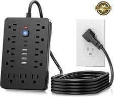 6 FT Flat Plug Surge Protector Power Strip,11 Multiple AC Outlets W/ 6 USB Ports