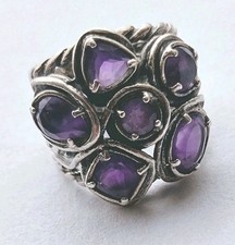 Sterling Silver Six Amethyst Royal Purple Ring Faceted Artisan Handcrafted