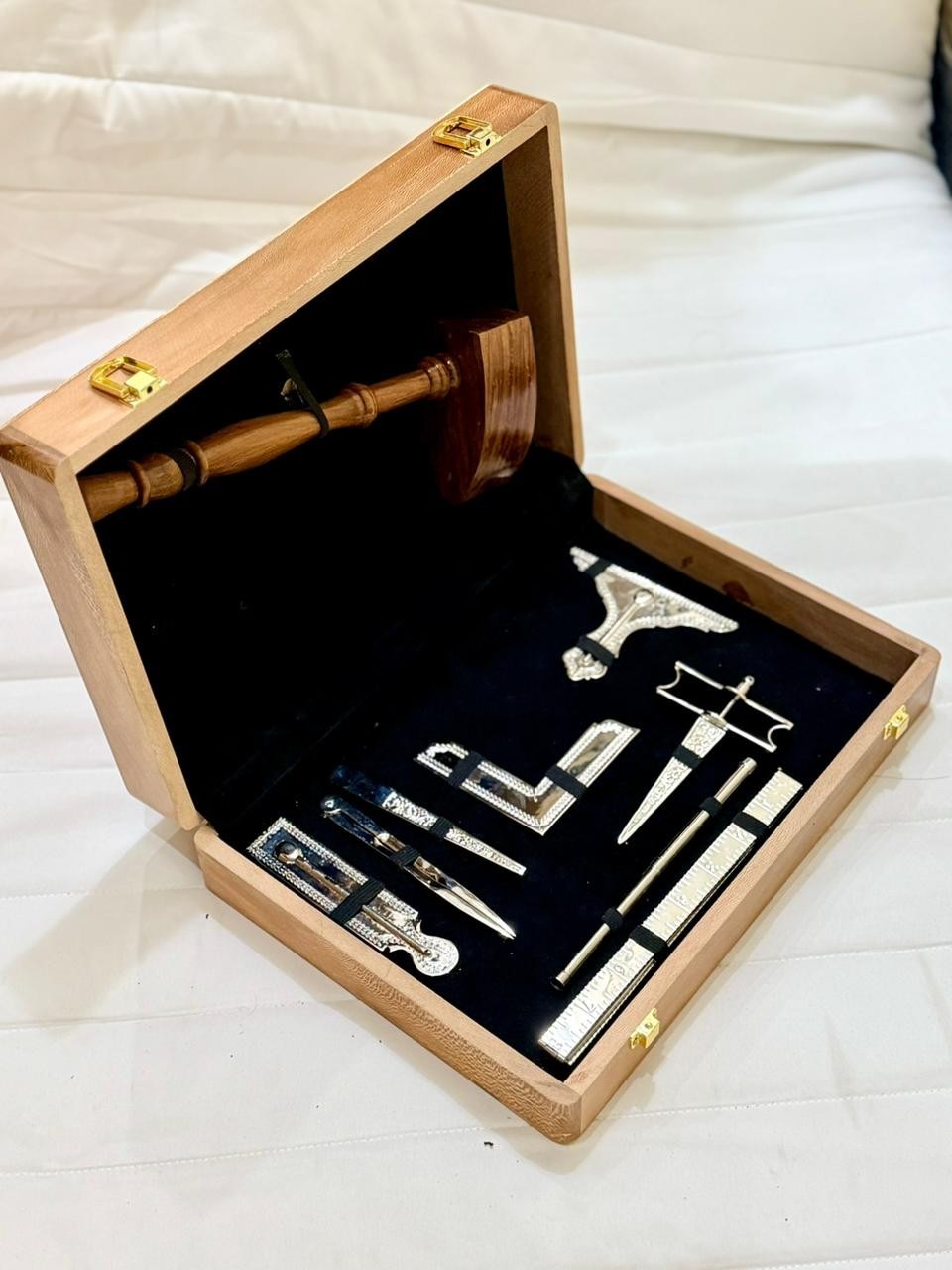 Masonic Working Tools Set Real Gold Plated Standard Full Size Natural Wooden Box