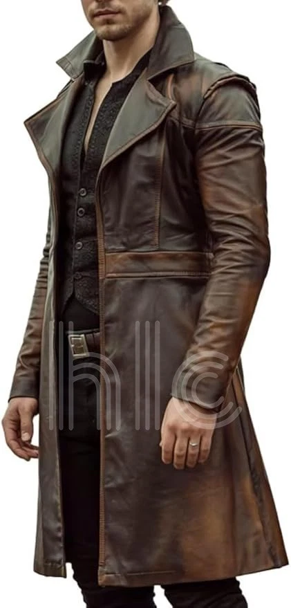 Men’s Long Brown Leather Trench Coat - Vintage Steampunk Duster Winter Coat
Opens in a new window or