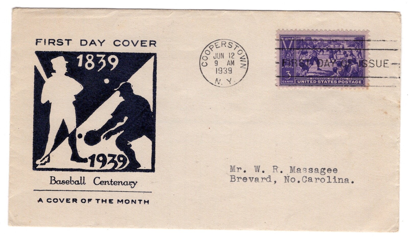 855 Baseball Centennial 1939 FDC Planty 180 Cover of the Month CV