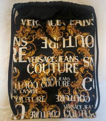 VERSACE JEANS COUTURE Rucksack Damen Barock Logo Allover Kordelzug Tasche Schwarz
