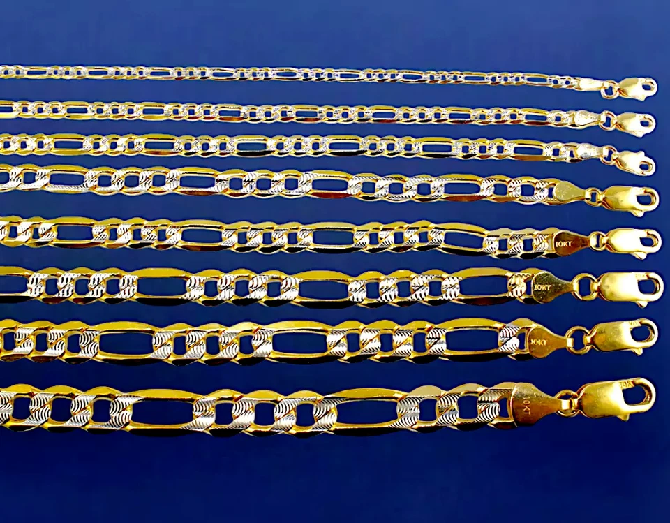 Brazalete Cadena Pavé Figaro SÓLIDO Oro Amarillo 10K Oro Real 2mm-8.5mm 7"-9"