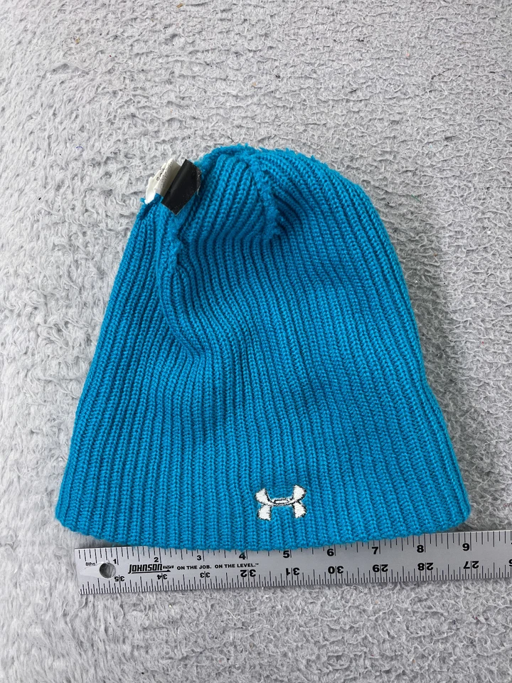 Under Armour Beanie Toque 女式均码针织蓝色刺绣 100% 丙烯酸滑雪 — 第 4/4 张图片