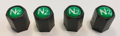  4  (Nitrogen) Black VALVE CAPS  w/Green - N2- Inlay...TPMS Safe..w/ Decal