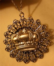 Lacy Filigree Petal Rimmed Raised Fleur-de-Lis Crown Silvertone Pendant Necklace
