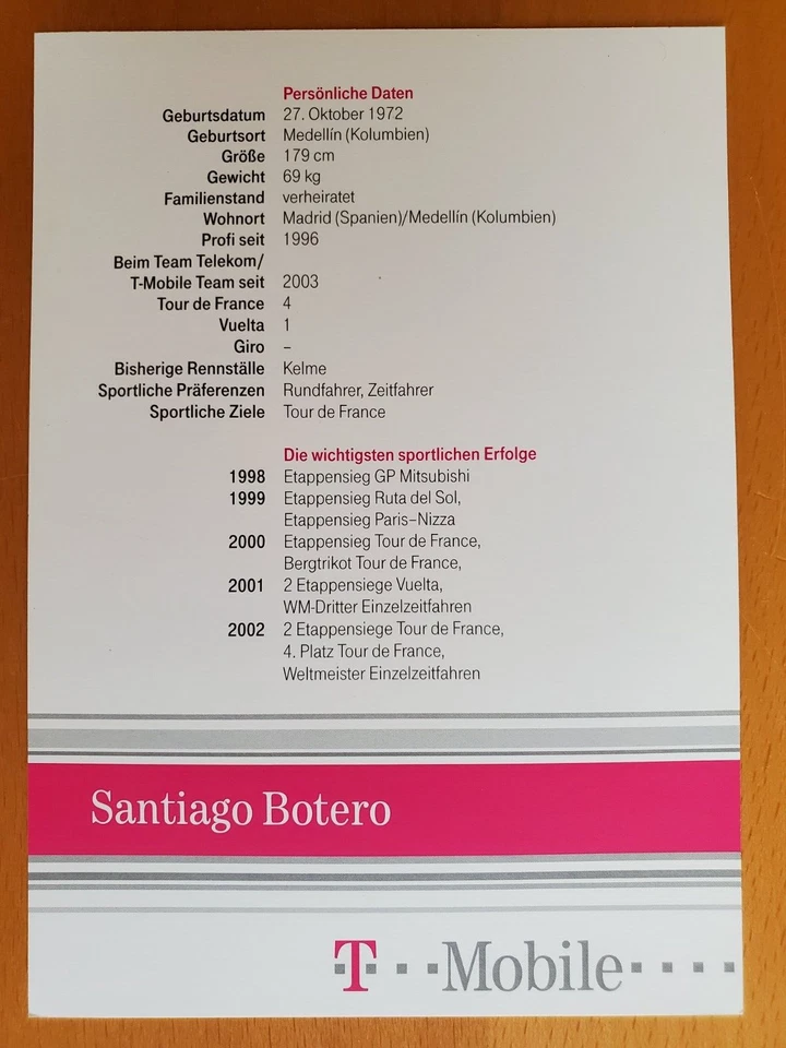Autogrammkarte Santiago Botero Radsport Autogramm - Bild 2 von 2