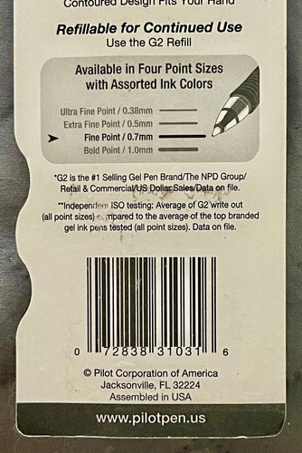 PILOT G2 PREMIUM GEL ROLLER FINE 0.7 mm BLACK INK COMFORT GRIP Smooth Refillable - Picture 8 of 8