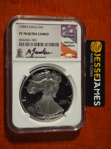 1990 S PROOF SILVER EAGLE NGC PF70 ULTRA CAMEO MICHAEL GAUDIOSO SIGNED POP 3!
