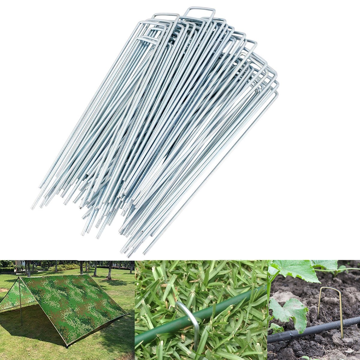 100 x Metal Galvanised Garden Pegs Landscape Weed Membrane Staples U