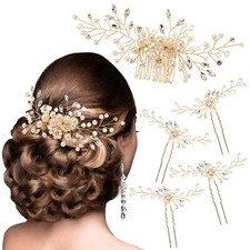 5 PCS Gold Wedding Hair Comb and 4 Hair Pins Set with Pearl Crystal Rhinestone