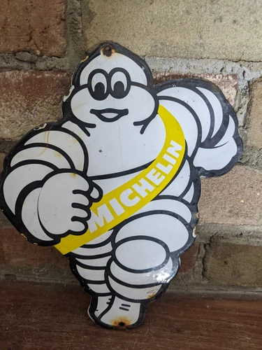 VINTAGE MICHELIN MAN TIRES PORCELAIN ADVERTISING DOOR SIGN TIRE 9" X 7"