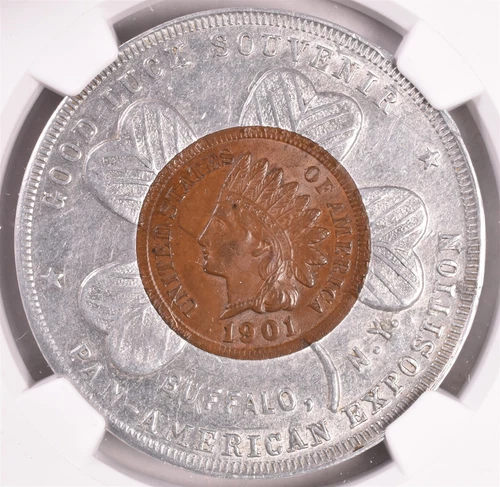 1901 Indian Cent Encased Pan American Exposition L-EC01B - NGC AU58 