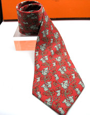 HERMES AUTHENTIC MEN'S TIE SILK KOALAS  EUCALYPTUS MADE EN FRANCE BRICK RED