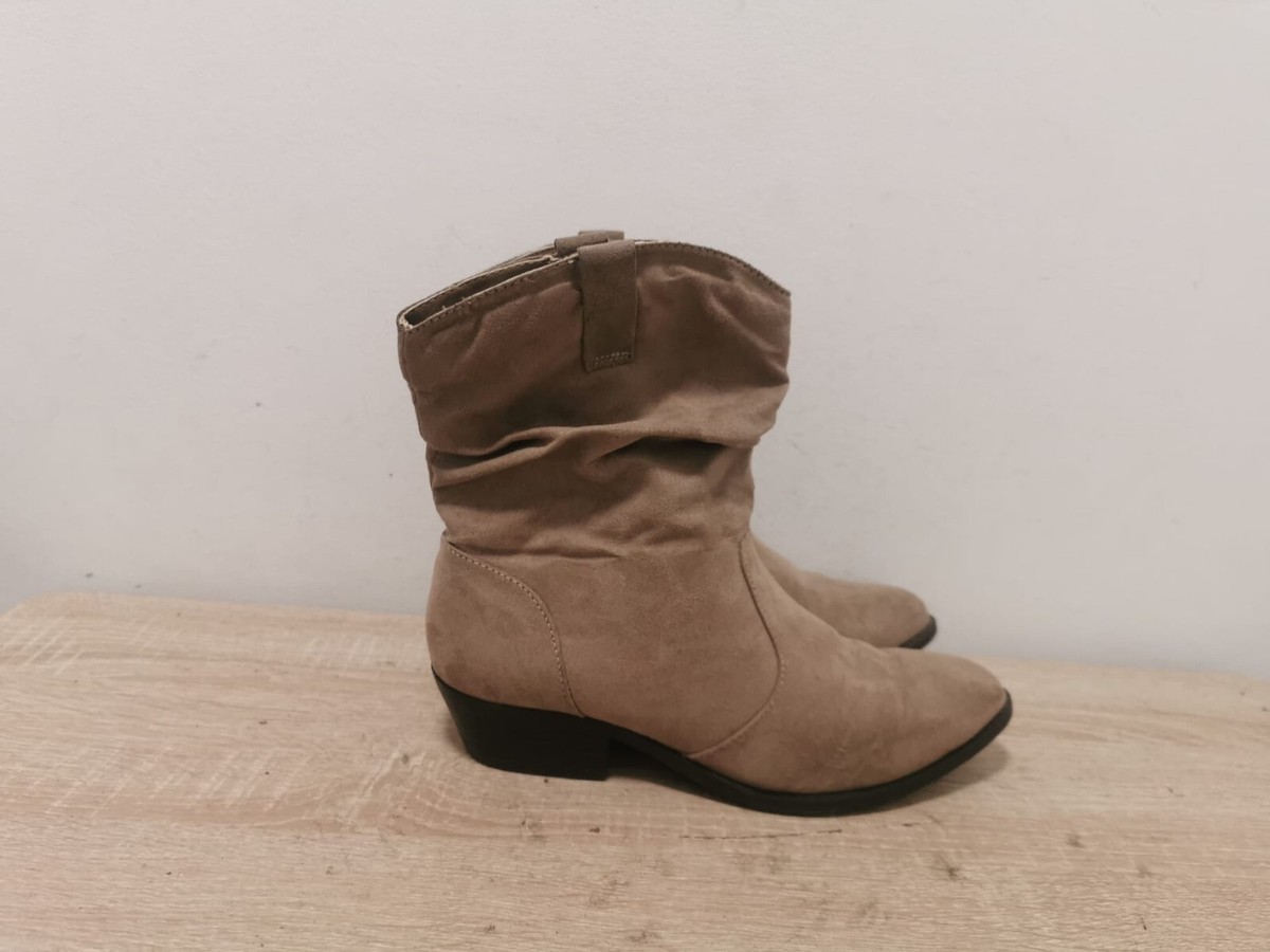 PRIMARK LADIES BIEGE SUEDE PULL ON COWBOY ANKLE BOOTS UK SIZE