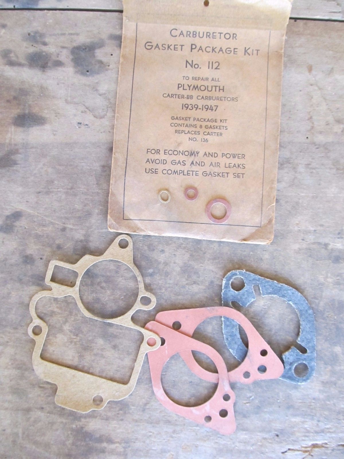 NOS Vintage Carter Carburetor Gasket Assortment No.112 Plymouth 1939