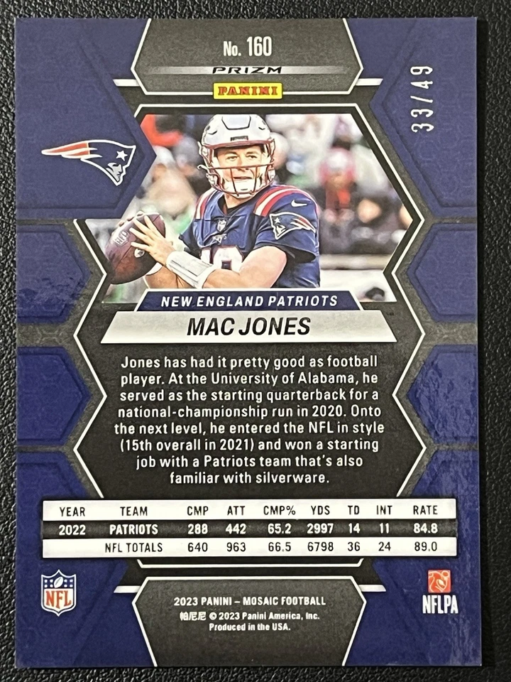 2023 Panini Mosaic Mac Jones 33/49 Purple Mosaic Prizm New England Patriots - Image 2 of 3