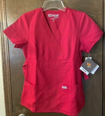 Grey's Anatomy by Barco Women's XS Red Solid V-Neck Woven Scrub Top
