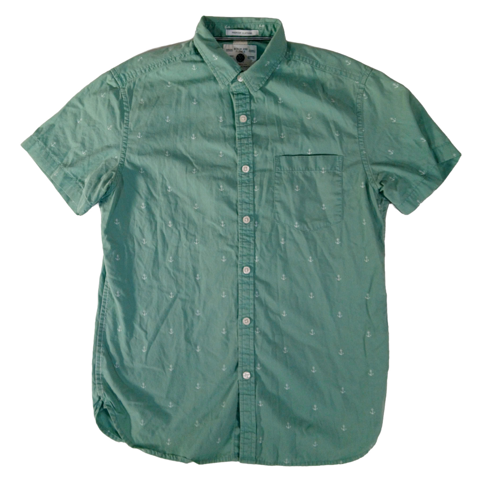 Denim & Flower Shirt Mens S Green Anchor Print Short Sleeve Button Up Slim Fit